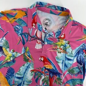 Proud 90 Golf Is Fun Mens XL Pink Tropical Parrot Palm Print Performance Polo